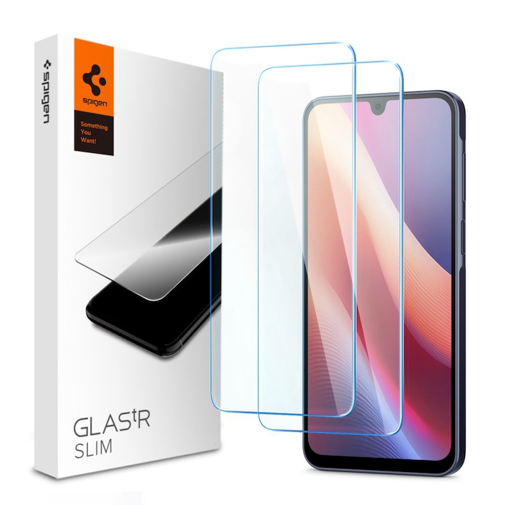Folie telefon, Spigen, set 2 pack, sticlă securizată, transparent