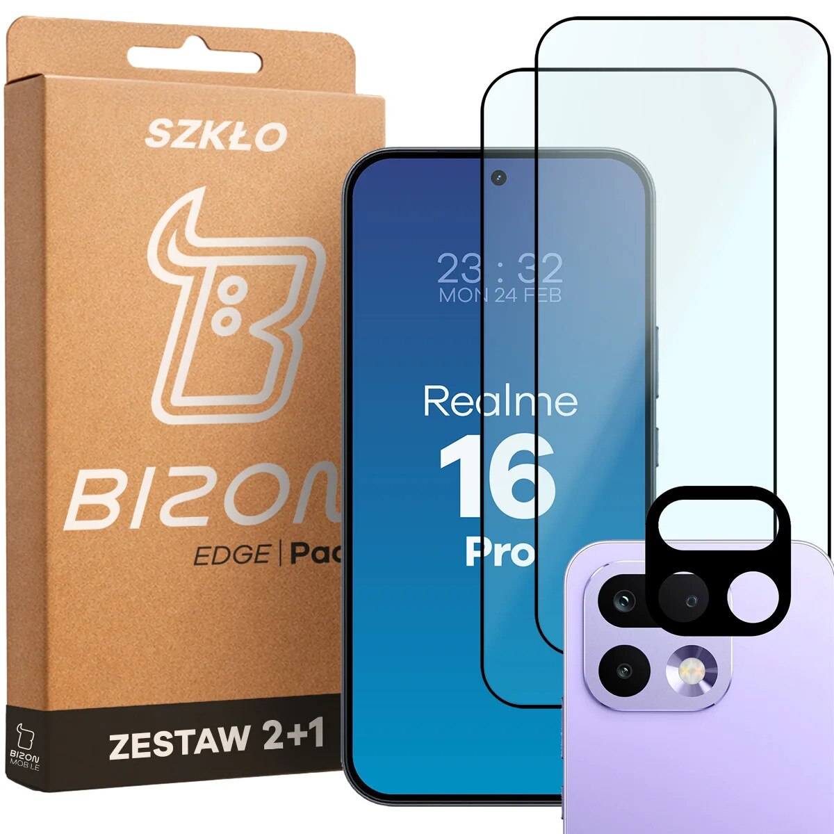 2x Sticla de protectie + Sticla camera foto Bizon Glass Edge Pack do Realme 16 Pro 5G