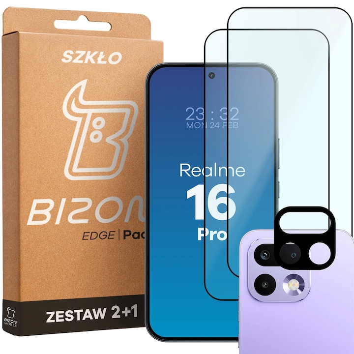 2x Sticla de protectie + Sticla camera foto Bizon Glass Edge Pack do Realme 16 Pro 5G
