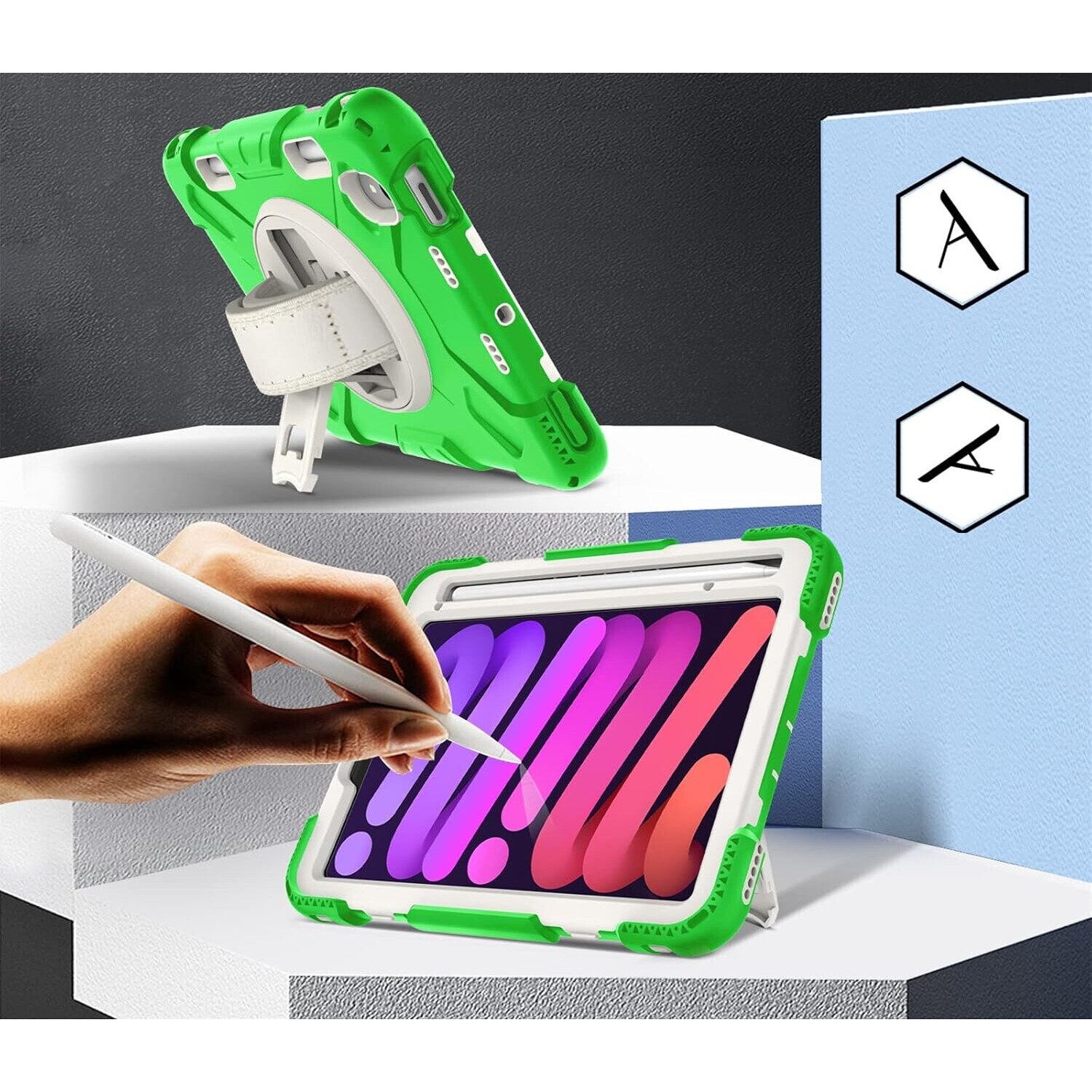 Husa pentru iPad Mini 6 8.3", verde, cu suport rotativ si loc pentru stilou, trei straturi de protectie