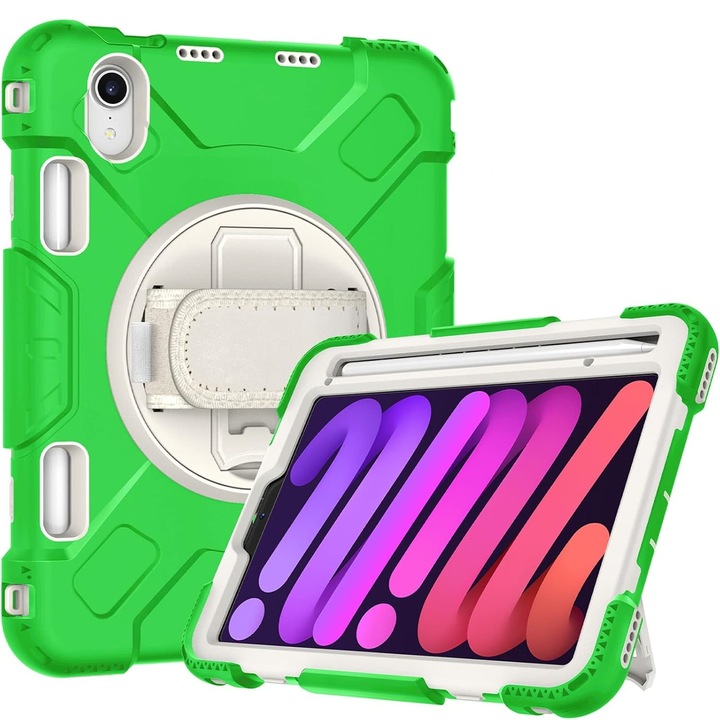 Husa pentru iPad Mini 6 8.3", verde, cu suport rotativ si loc pentru stilou, trei straturi de protectie