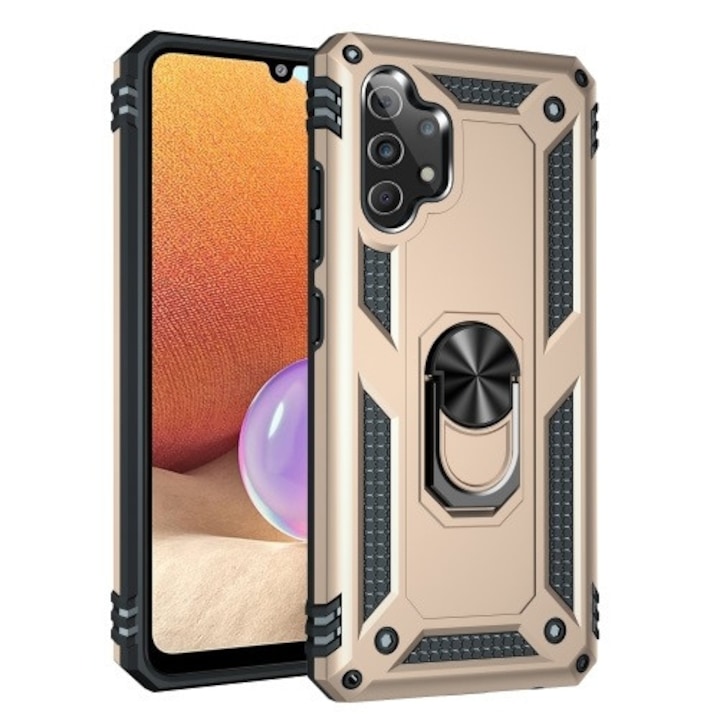 Husa antisoc Hybrid Armor cu inel si placuta metalica, compatibila cu Samsung Galaxy A32 4G / Auriu