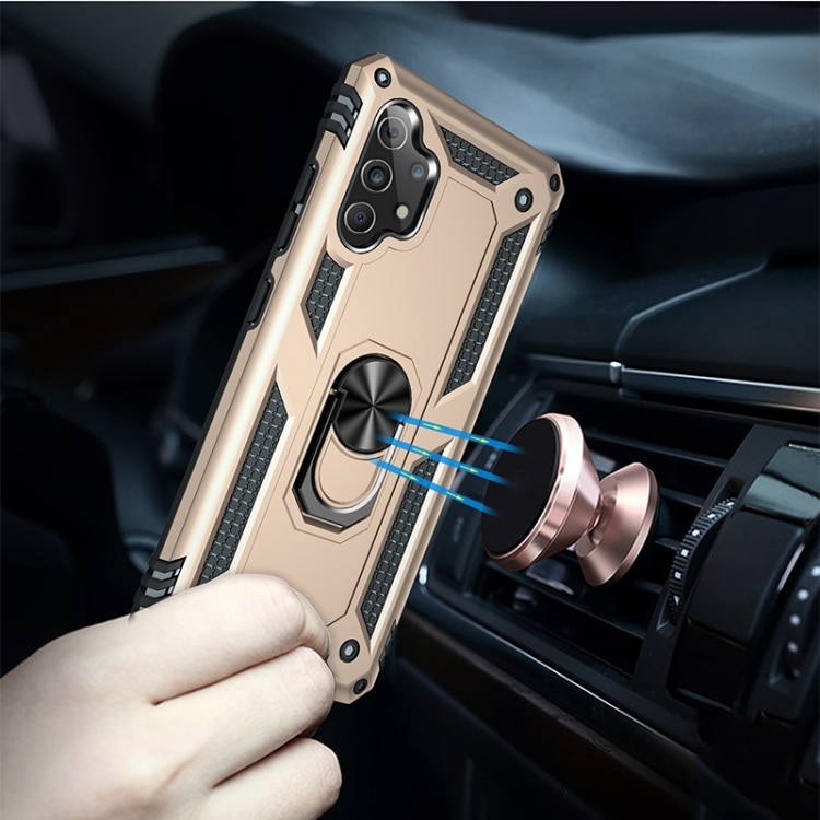 Husa antisoc Hybrid Armor cu inel si placuta metalica, compatibila cu Samsung Galaxy A32 4G / Auriu