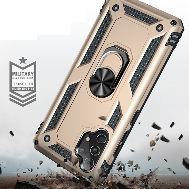 Husa antisoc Hybrid Armor cu inel si placuta metalica, compatibila cu Samsung Galaxy A32 4G / Auriu