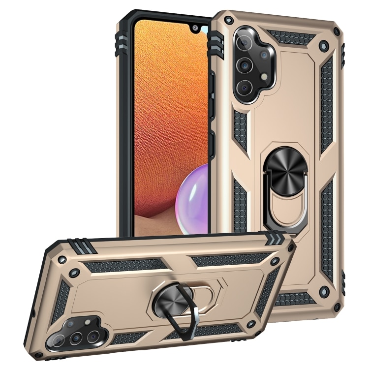 Husa antisoc Hybrid Armor cu inel si placuta metalica, compatibila cu Samsung Galaxy A32 4G / Auriu