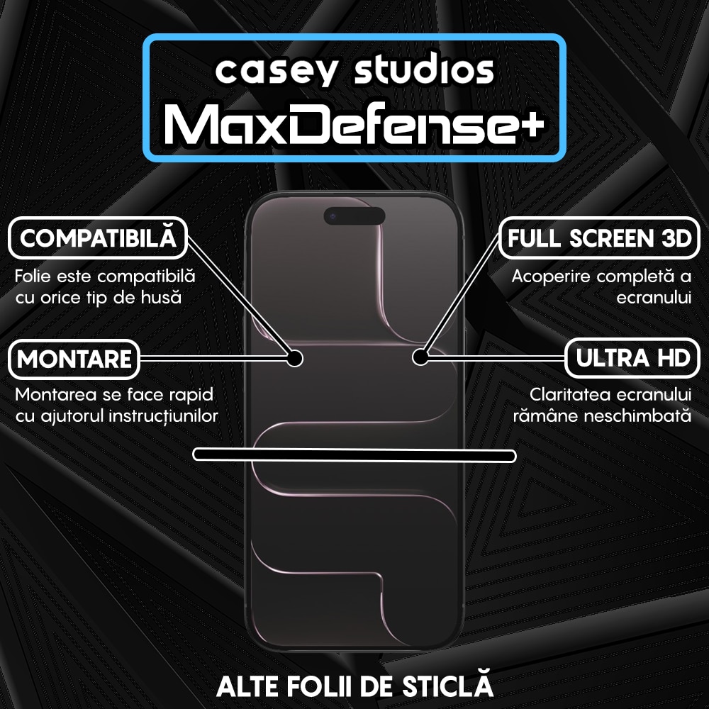 Folie Sticla CASEY STUDIOS™ compatibila cu iPhone 17 Air, Full Cover 3D, Full Glue, Sticla Securizata, Duritate Militara, Ultra HD, Protectie Profesionala Ecran 3D, Anti Zgarieturi, Anti Socuri, Transparenta