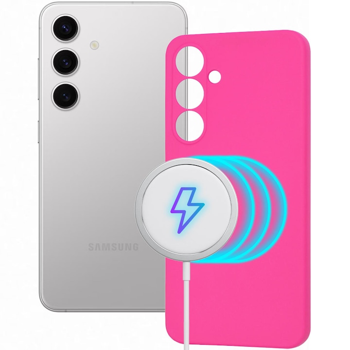 Husa pentru Samsung Galaxy S24, Magnetic Color Shield, Silicon, Interior de microfibra, Suprafata aderenta, Atasare magnetica, Compatibila incarcare wireless, Regular Fit, Antisoc, Roz aprins