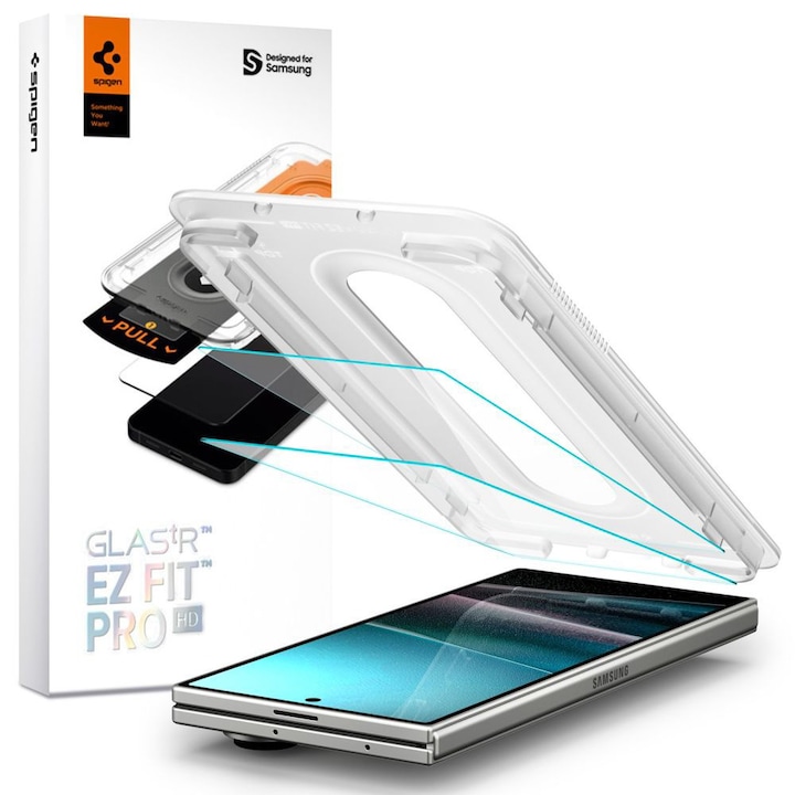 Folie de protectie Spigen compatibila cu Samsung Galaxt Z Fold7, Optik.tR Ez Fit Pro HD, cu dispozitiv montare, set 2 piese, sticla securizata, Transparent