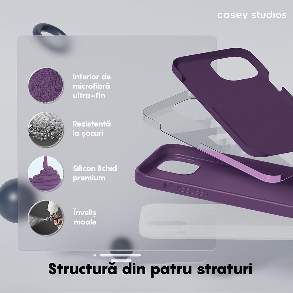 Husa CASEY STUDIOS™ compatibila cu iPhone 14, Soft Silicone Premium, Microfibra in Interior, Light Purple, de Protectie, Ultra Slim, pentru Incarcare Wireless, Margini Ridicate de Protectia Ecranului si a Camerelor