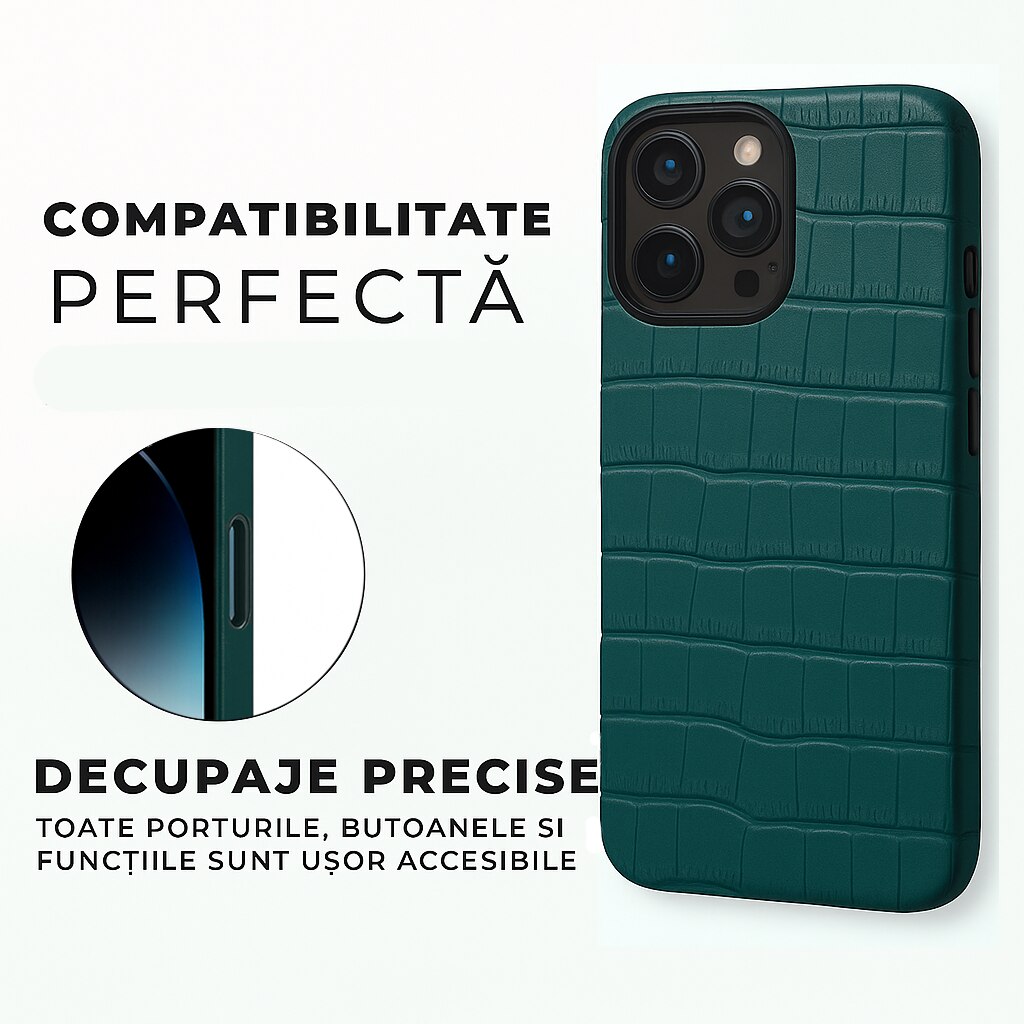 Husa pentru iPhone 16 Pro Max Lussoloop Crocodile, Magsafe, Full Cover din piele naturala, Imprimeu Crocodil, Interior Din Microfibra, Handmade, Verde/Emerald Forest