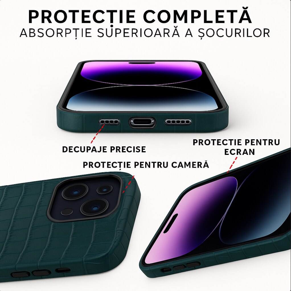Husa pentru iPhone 16 Pro Max Lussoloop Crocodile, Magsafe, Full Cover din piele naturala, Imprimeu Crocodil, Interior Din Microfibra, Handmade, Verde/Emerald Forest
