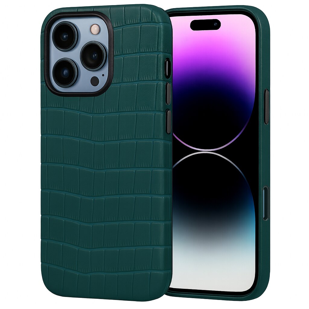 Husa pentru iPhone 16 Pro Max Lussoloop Crocodile, Magsafe, Full Cover din piele naturala, Imprimeu Crocodil, Interior Din Microfibra, Handmade, Verde/Emerald Forest