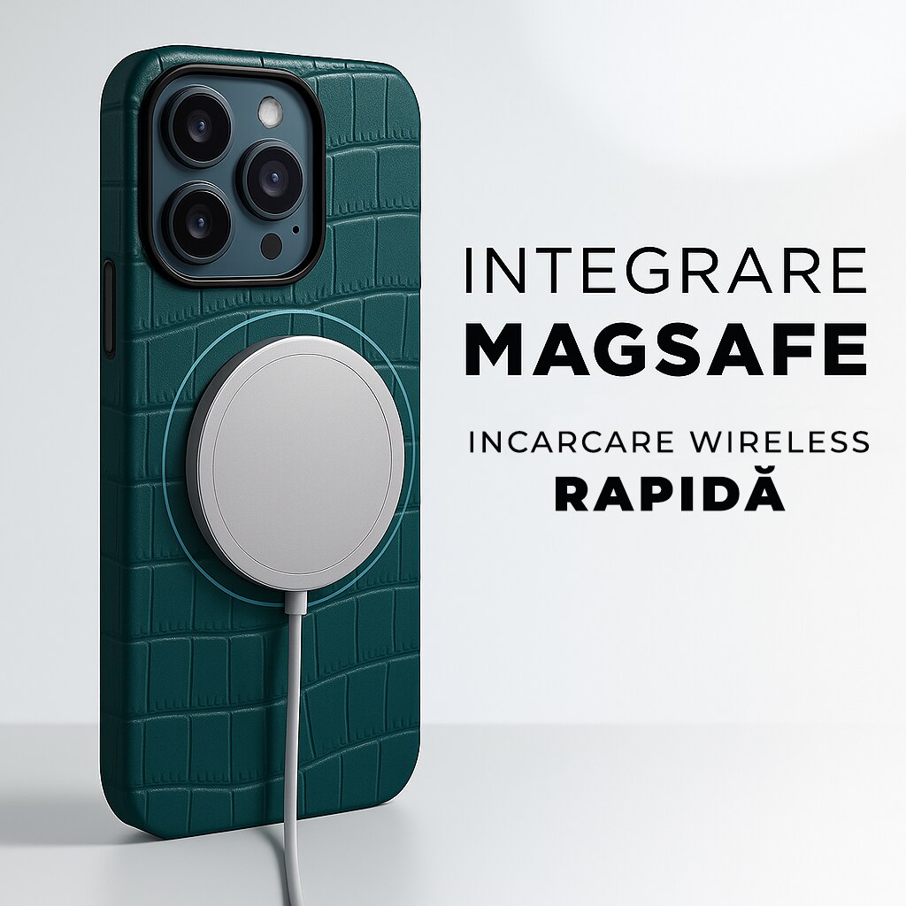 Husa pentru iPhone 16 Pro Max Lussoloop Crocodile, Magsafe, Full Cover din piele naturala, Imprimeu Crocodil, Interior Din Microfibra, Handmade, Verde/Emerald Forest