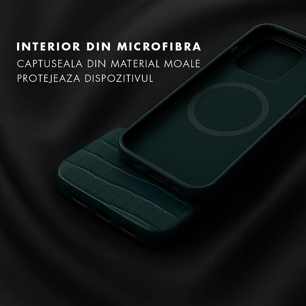 Husa pentru iPhone 16 Pro Max Lussoloop Crocodile, Magsafe, Full Cover din piele naturala, Imprimeu Crocodil, Interior Din Microfibra, Handmade, Verde/Emerald Forest