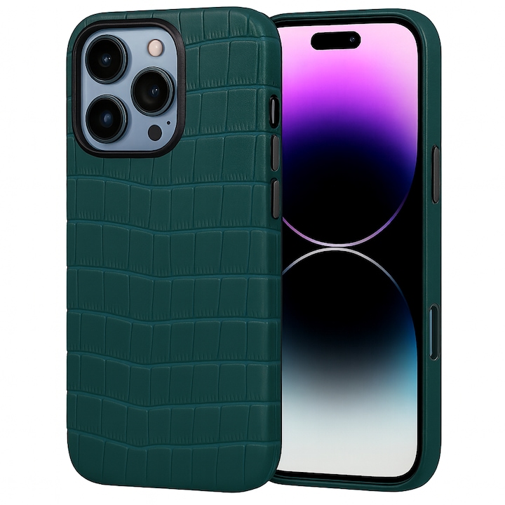 Husa pentru iPhone 16 Pro Max Lussoloop Crocodile, Magsafe, Full Cover din piele naturala, Imprimeu Crocodil, Interior Din Microfibra, Handmade, Verde/Emerald Forest