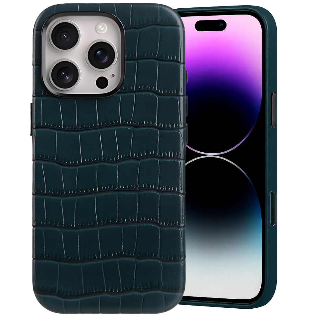 Husa pentru iPhone 16 Pro Max Lussoloop Crocodile, Magsafe, Full Cover din piele naturala, Imprimeu Crocodil, Interior Din Microfibra, Handmade, Verde/Emerald Forest
