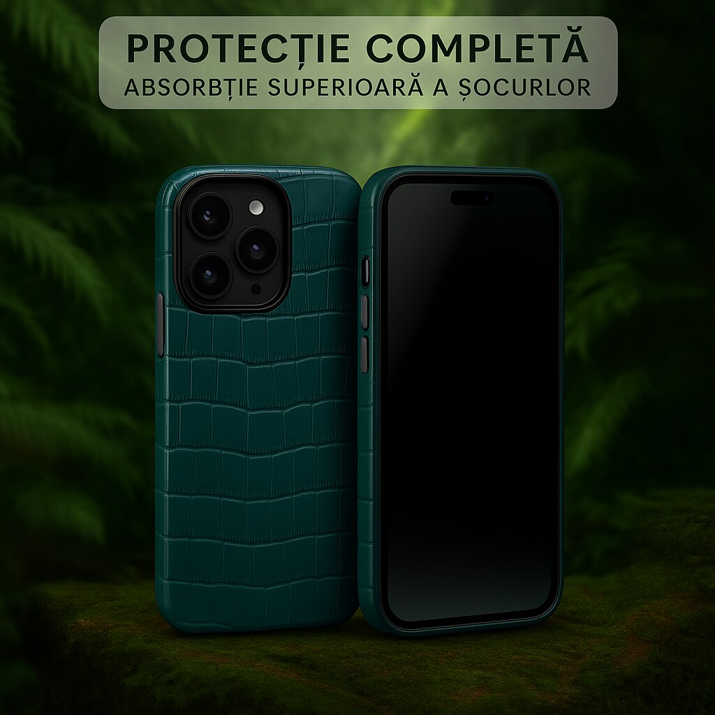 Husa pentru iPhone 16 Pro Max Lussoloop Crocodile, Magsafe, Full Cover din piele naturala, Imprimeu Crocodil, Interior Din Microfibra, Handmade, Verde/Emerald Forest
