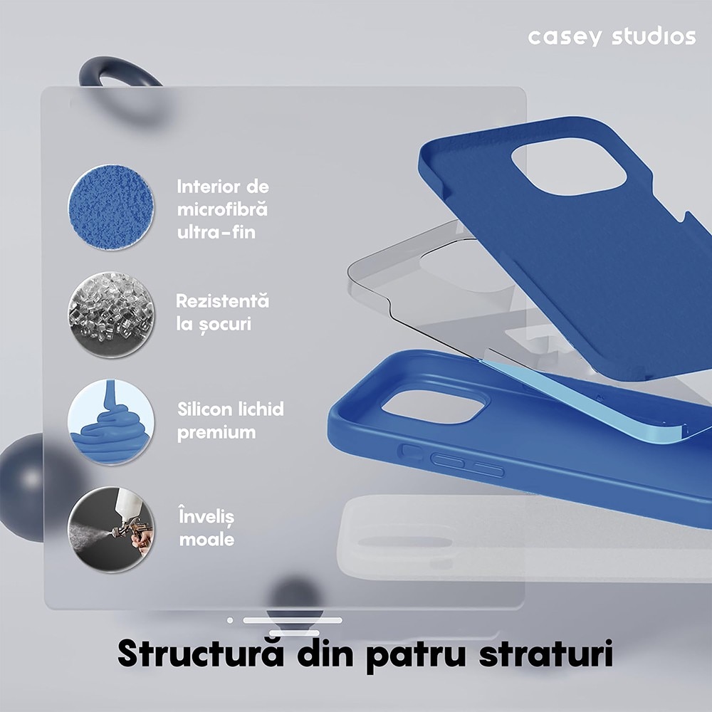 Husa CASEY STUDIOS™ compatibila cu iPhone 14 Pro, Soft Silicone Premium, Microfibra in Interior, Cadet Blue, de Protectie, Ultra Slim, pentru Incarcare Wireless, Margini Ridicate de Protectia Ecranului si a Camerelor