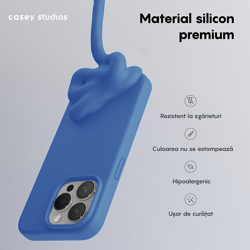 Husa CASEY STUDIOS™ compatibila cu iPhone 14 Pro, Soft Silicone Premium, Microfibra in Interior, Cadet Blue, de Protectie, Ultra Slim, pentru Incarcare Wireless, Margini Ridicate de Protectia Ecranului si a Camerelor