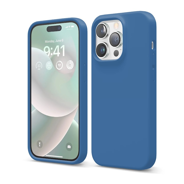 Husa CASEY STUDIOS™ compatibila cu iPhone 14 Pro, Soft Silicone Premium, Microfibra in Interior, Cadet Blue, de Protectie, Ultra Slim, pentru Incarcare Wireless, Margini Ridicate de Protectia Ecranului si a Camerelor