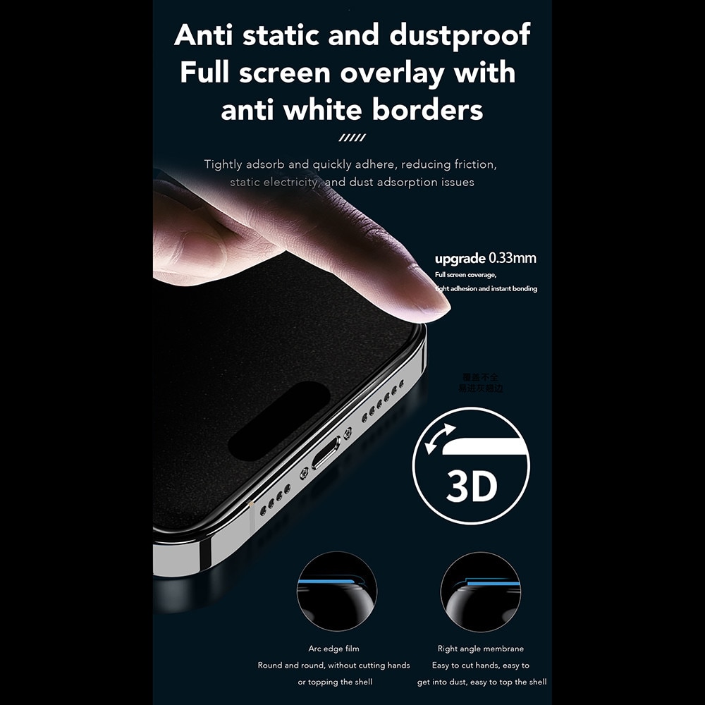 Folie pentru iPhone 16 Pro, 2.5D 1X Reinforced 360° Privacy Screen Protector, R34, Sticla securizata, Black