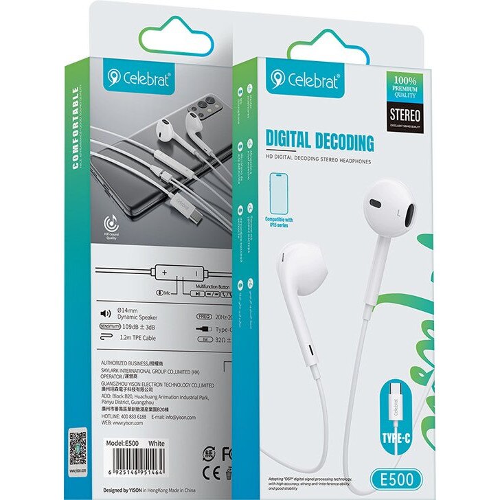 Casti Celebrat E500, microfon, USB-C, alb, 1.2m