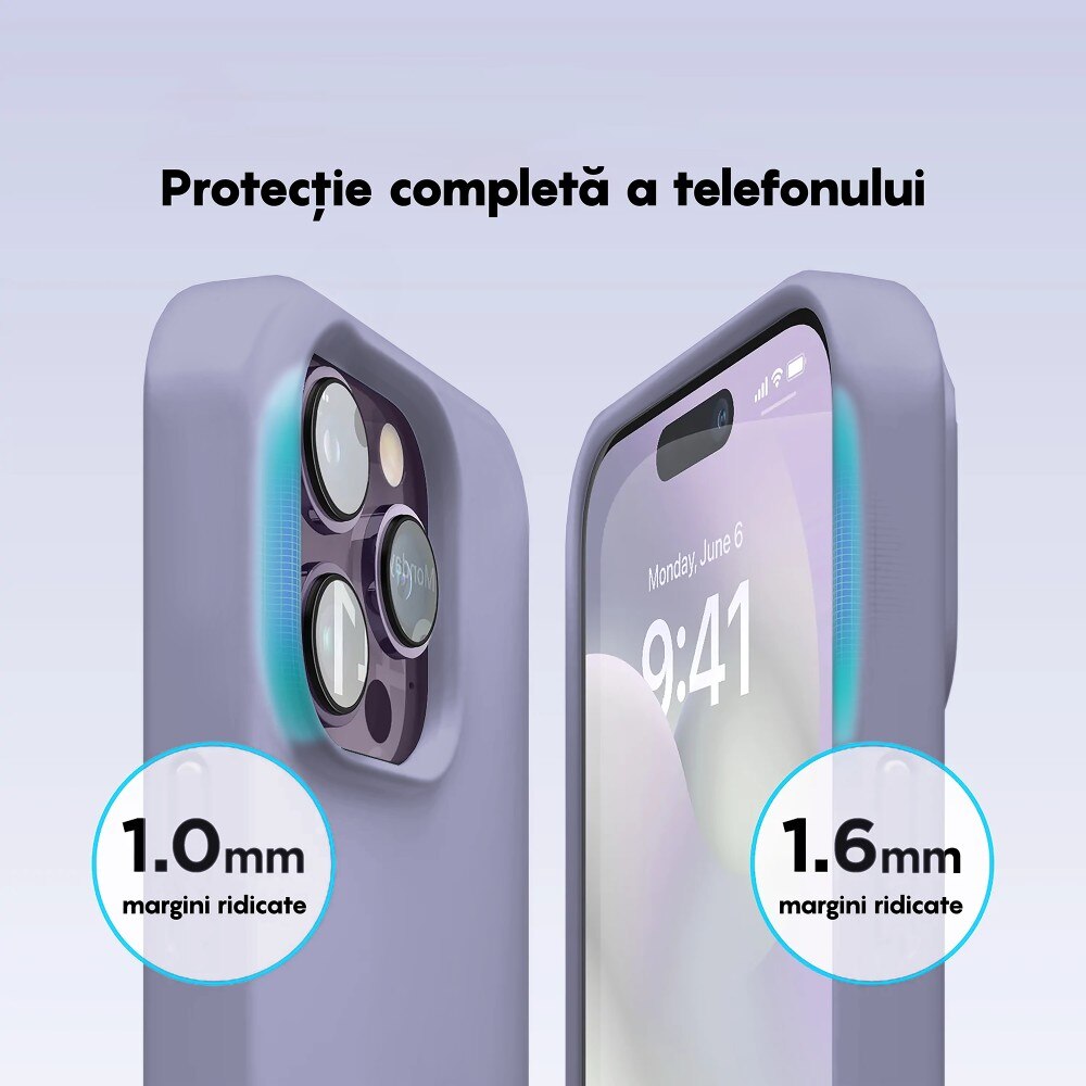 Husa CASEY STUDIOS™ compatibila cu iPhone 14 Pro, Soft Silicone Premium, Microfibra in Interior, Light Lilac, de Protectie, Ultra Slim, pentru Incarcare Wireless, Margini Ridicate de Protectia Ecranului si a Camerelor