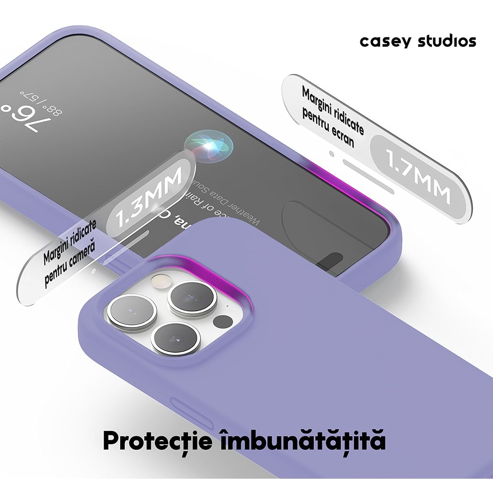 Husa CASEY STUDIOS™ compatibila cu iPhone 14 Pro, Soft Silicone Premium, Microfibra in Interior, Light Lilac, de Protectie, Ultra Slim, pentru Incarcare Wireless, Margini Ridicate de Protectia Ecranului si a Camerelor