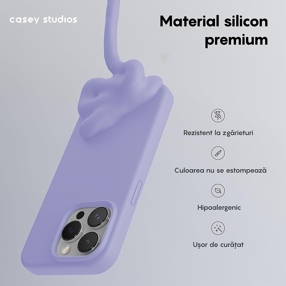 Husa CASEY STUDIOS™ compatibila cu iPhone 14 Pro, Soft Silicone Premium, Microfibra in Interior, Light Lilac, de Protectie, Ultra Slim, pentru Incarcare Wireless, Margini Ridicate de Protectia Ecranului si a Camerelor