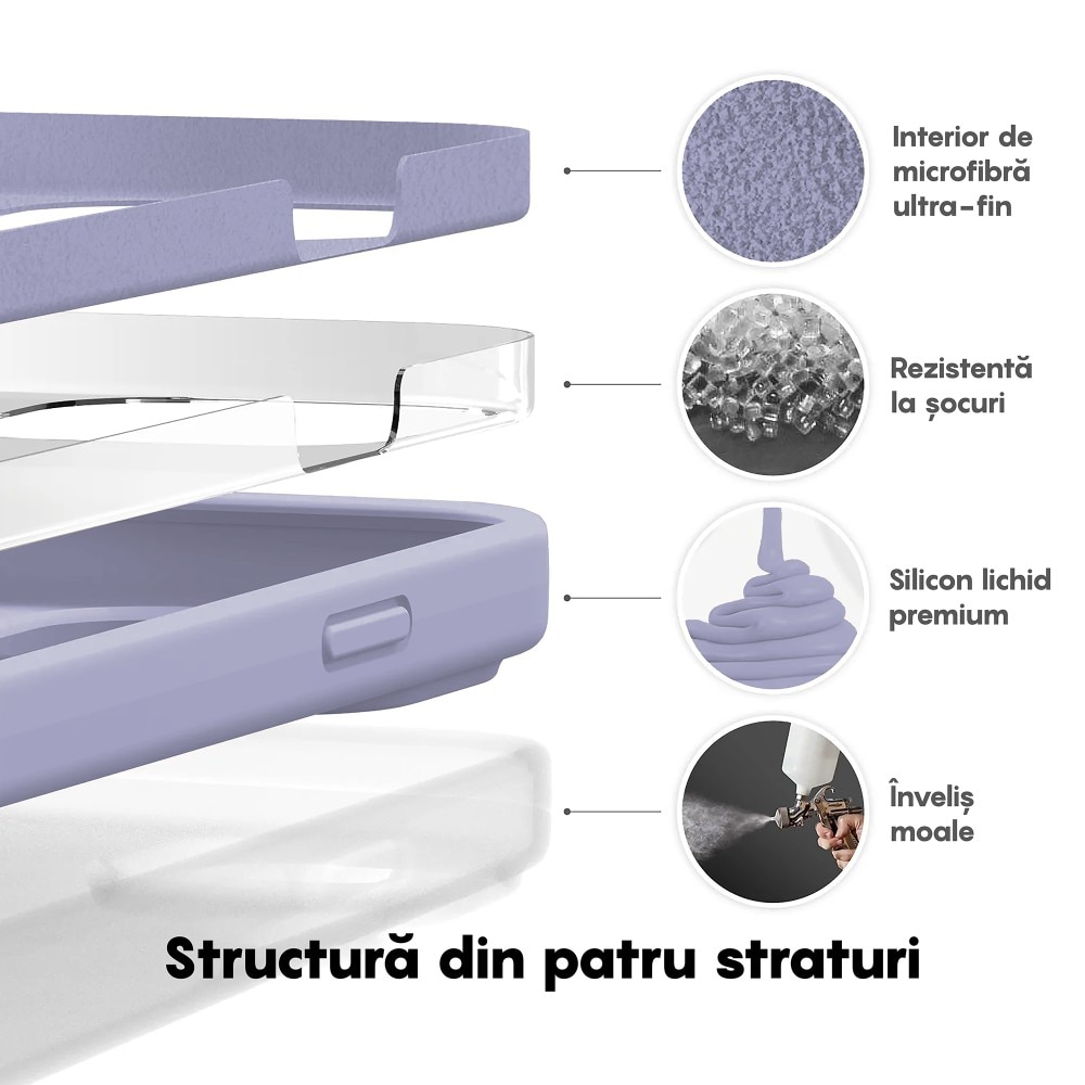 Husa CASEY STUDIOS™ compatibila cu iPhone 14 Pro, Soft Silicone Premium, Microfibra in Interior, Light Lilac, de Protectie, Ultra Slim, pentru Incarcare Wireless, Margini Ridicate de Protectia Ecranului si a Camerelor