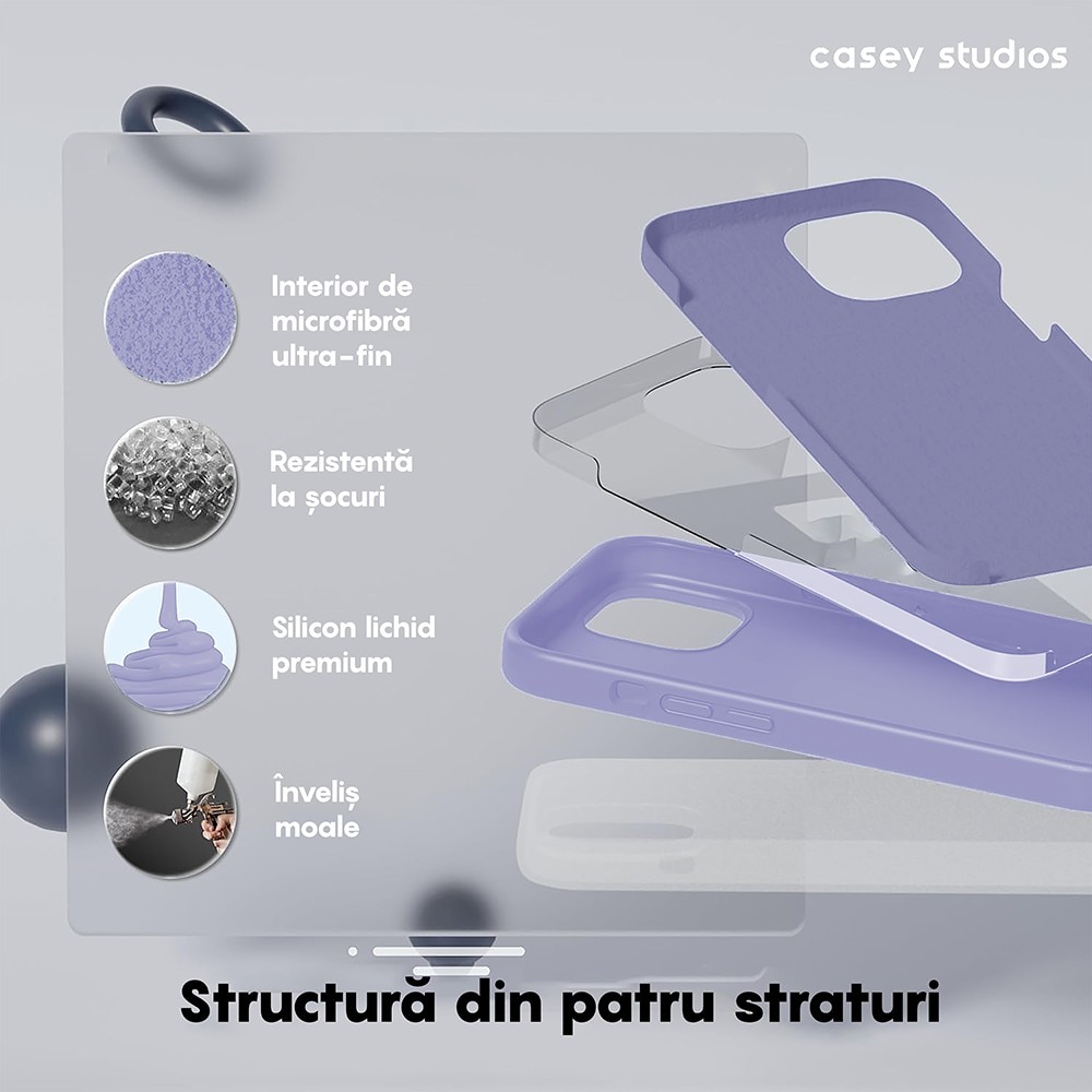 Husa CASEY STUDIOS™ compatibila cu iPhone 14 Pro, Soft Silicone Premium, Microfibra in Interior, Light Lilac, de Protectie, Ultra Slim, pentru Incarcare Wireless, Margini Ridicate de Protectia Ecranului si a Camerelor
