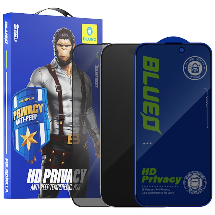 Folie de protectie Ecran Privacy Blueo Anti-Peep pentru Apple iPhone 15 Pro, Sticla Securizata, Full Glue