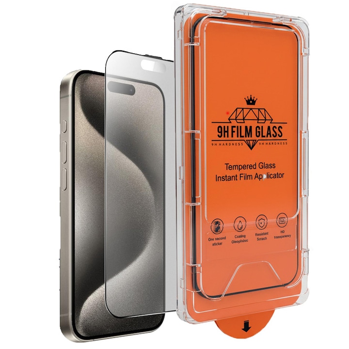 Folie protectie telefon, set 2 buc, sticla temperata, transparenta, rezistenta la zgarieturi, protectie completa, compatibile cu iPhone 16 Pro Max