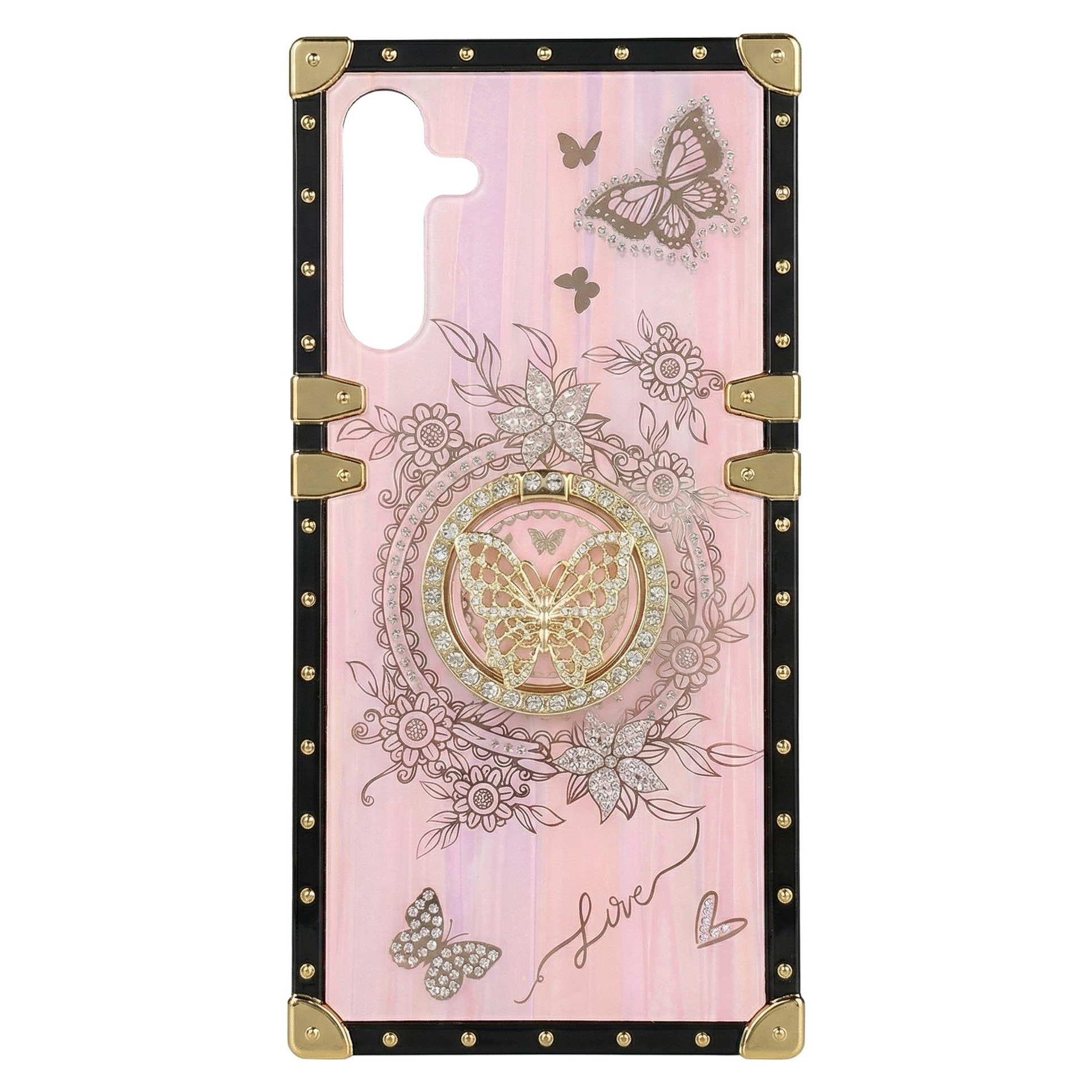 Husa pentru Samsung S25 Ultra, Cu Inel Suport Rotativ, Fluturi Strasuri, Patrat Luxos Roz, Antisoc, Top Favorite，LIXR-03EN