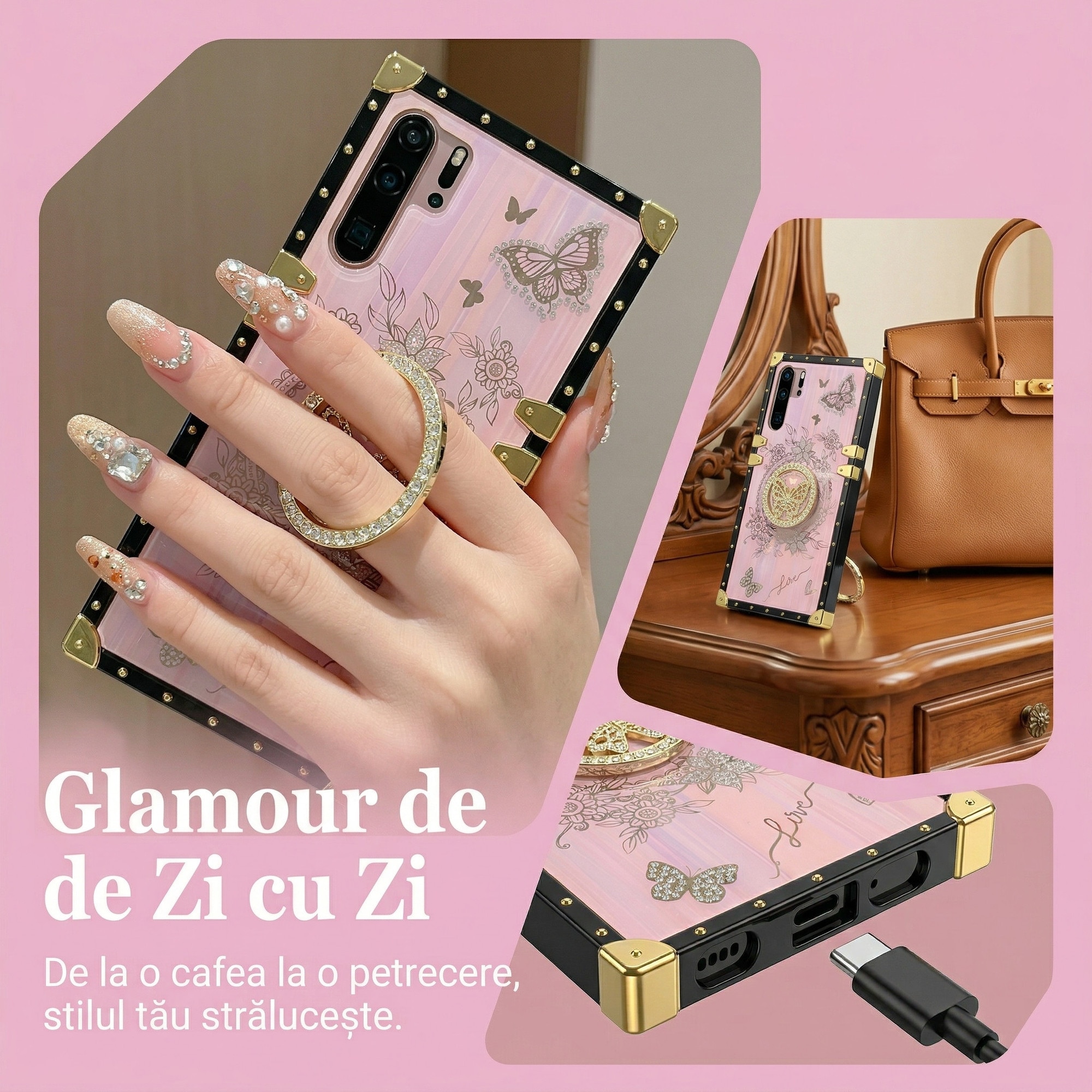 Husa pentru Samsung S25 Ultra, Cu Inel Suport Rotativ, Fluturi Strasuri, Patrat Luxos Roz, Antisoc, Top Favorite，LIXR-03EN