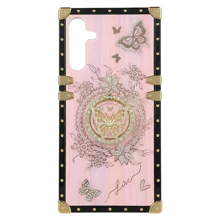 Husa pentru Samsung S25 Ultra, Cu Inel Suport Rotativ, Fluturi Strasuri, Patrat Luxos Roz, Antisoc, Top Favorite，LIXR-03EN