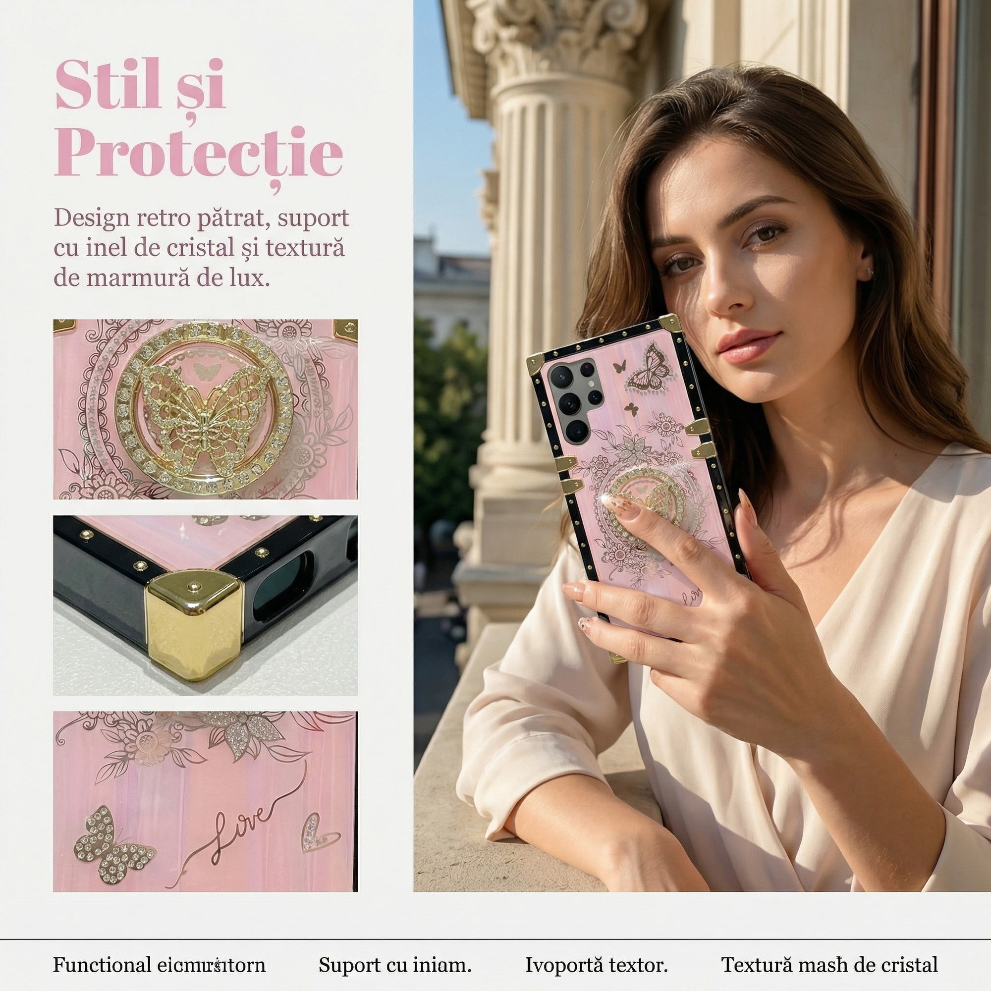 Husa pentru Samsung S25 Ultra, Cu Inel Suport Rotativ, Fluturi Strasuri, Patrat Luxos Roz, Antisoc, Top Favorite，LIXR-03EN