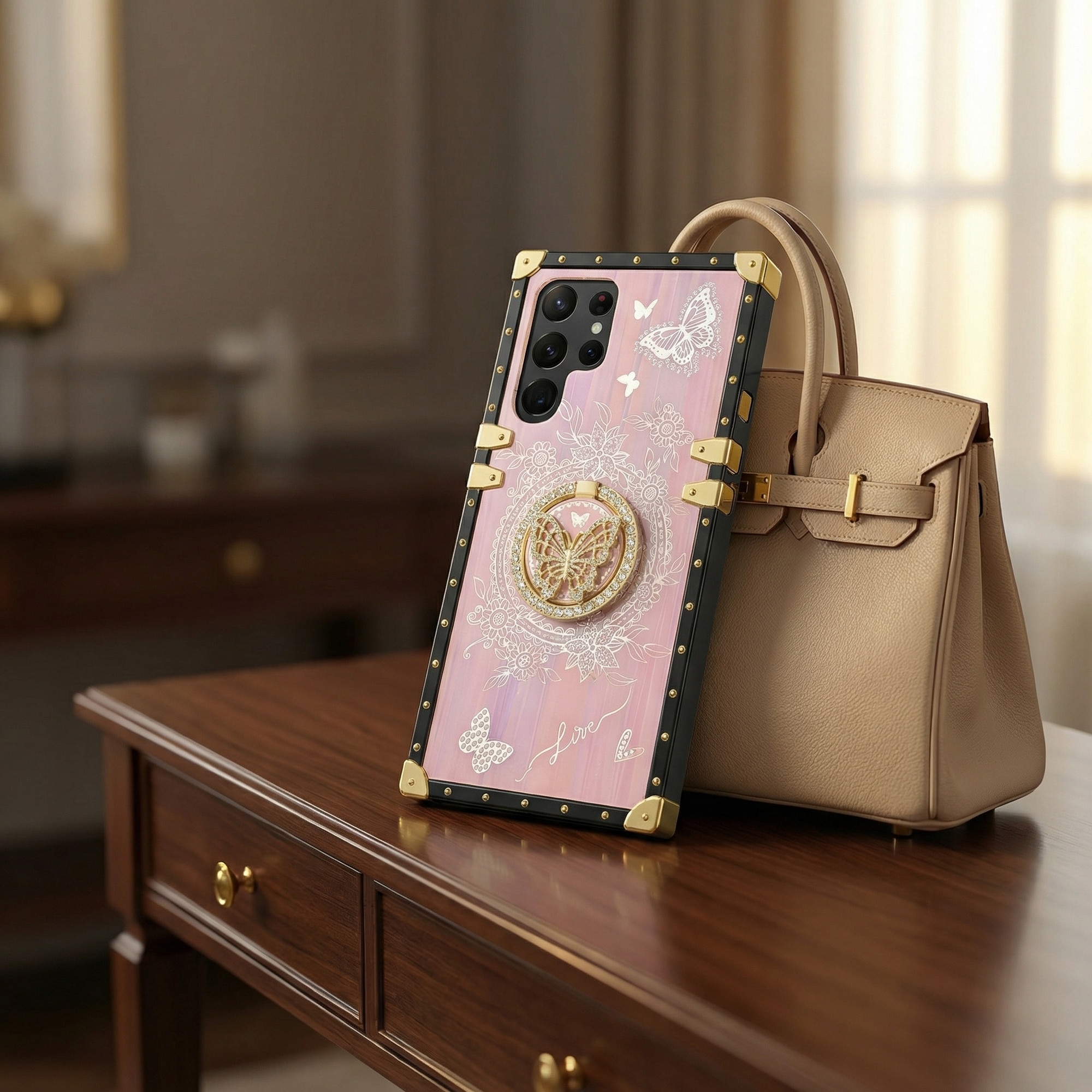 Husa pentru Samsung S25 Ultra, Cu Inel Suport Rotativ, Fluturi Strasuri, Patrat Luxos Roz, Antisoc, Top Favorite，LIXR-03EN