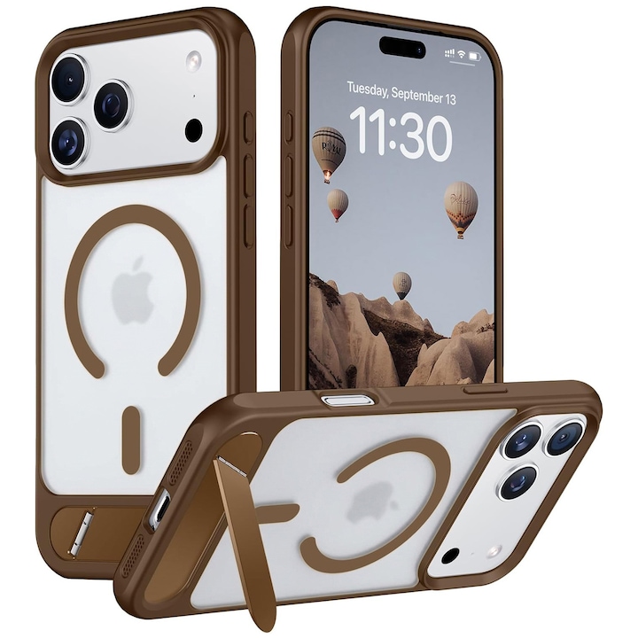 Husa pentru iPhone 17 PRO MAX, MobileSmart, compatibil cu MagSafe, suport ascuns si protectie militara antisoc cu margini ridicate, Maro Mocha
