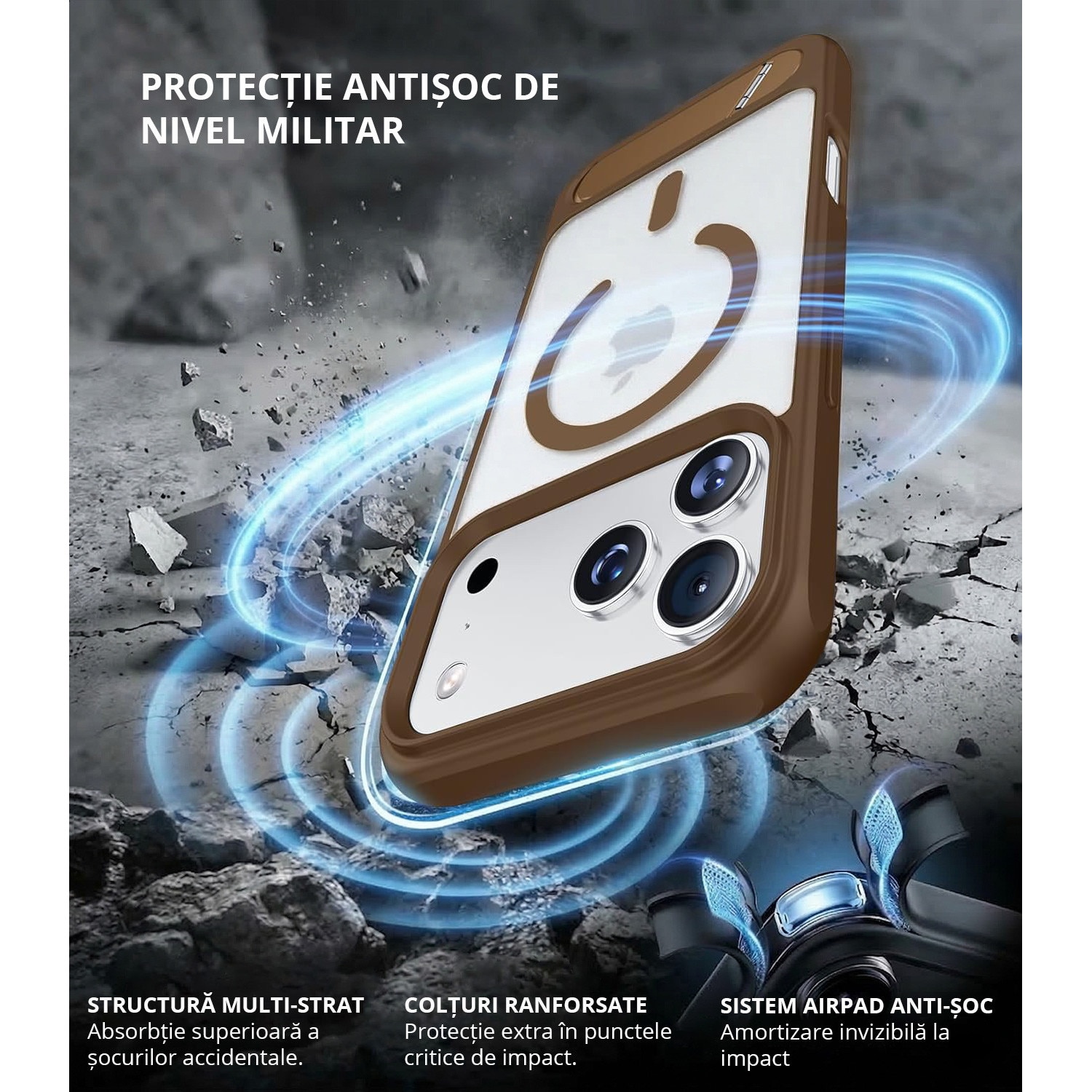 Husa pentru iPhone 17 PRO MAX, MobileSmart, compatibil cu MagSafe, suport ascuns si protectie militara antisoc cu margini ridicate, Maro Mocha