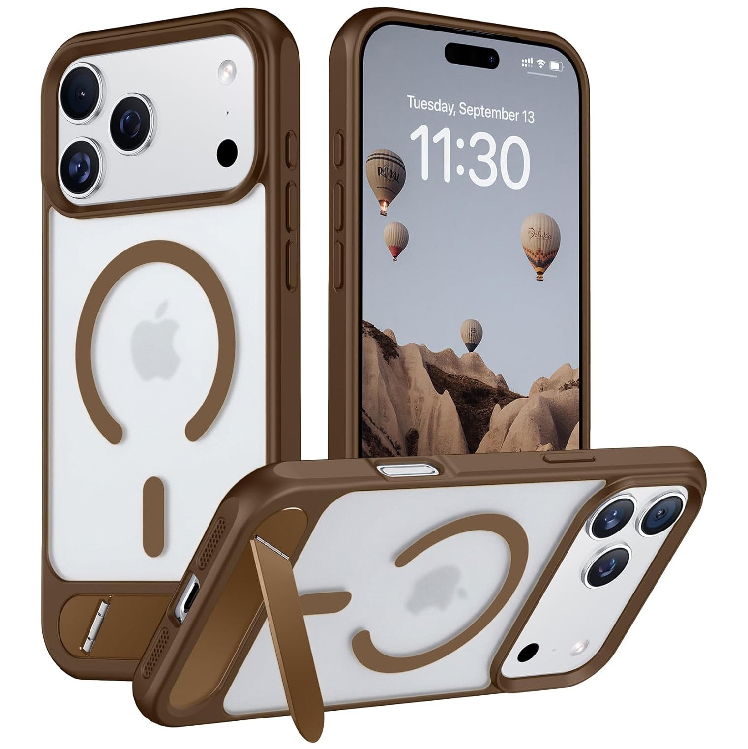 Husa pentru iPhone 17 PRO MAX, MobileSmart, compatibil cu MagSafe, suport ascuns si protectie militara antisoc cu margini ridicate, Maro Mocha