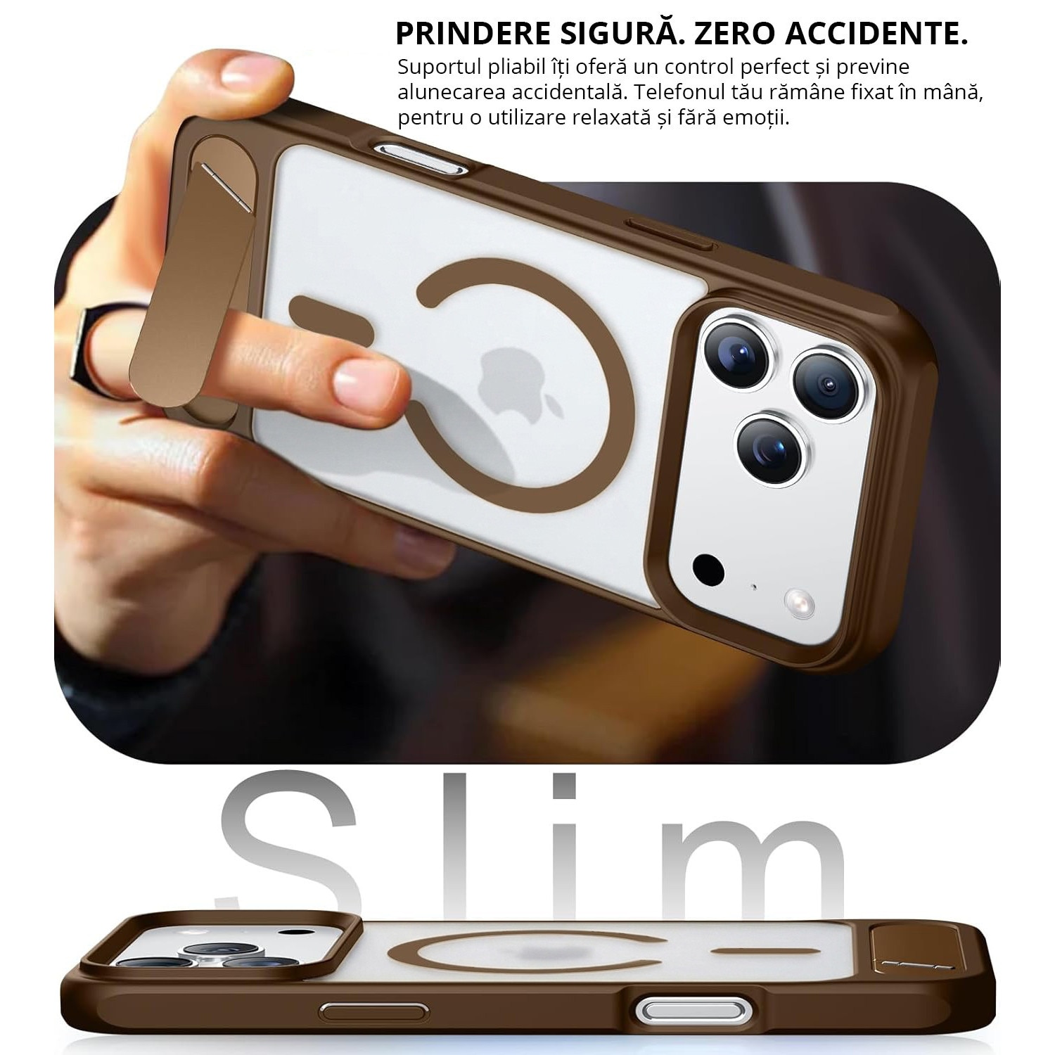 Husa pentru iPhone 17 PRO MAX, MobileSmart, compatibil cu MagSafe, suport ascuns si protectie militara antisoc cu margini ridicate, Maro Mocha