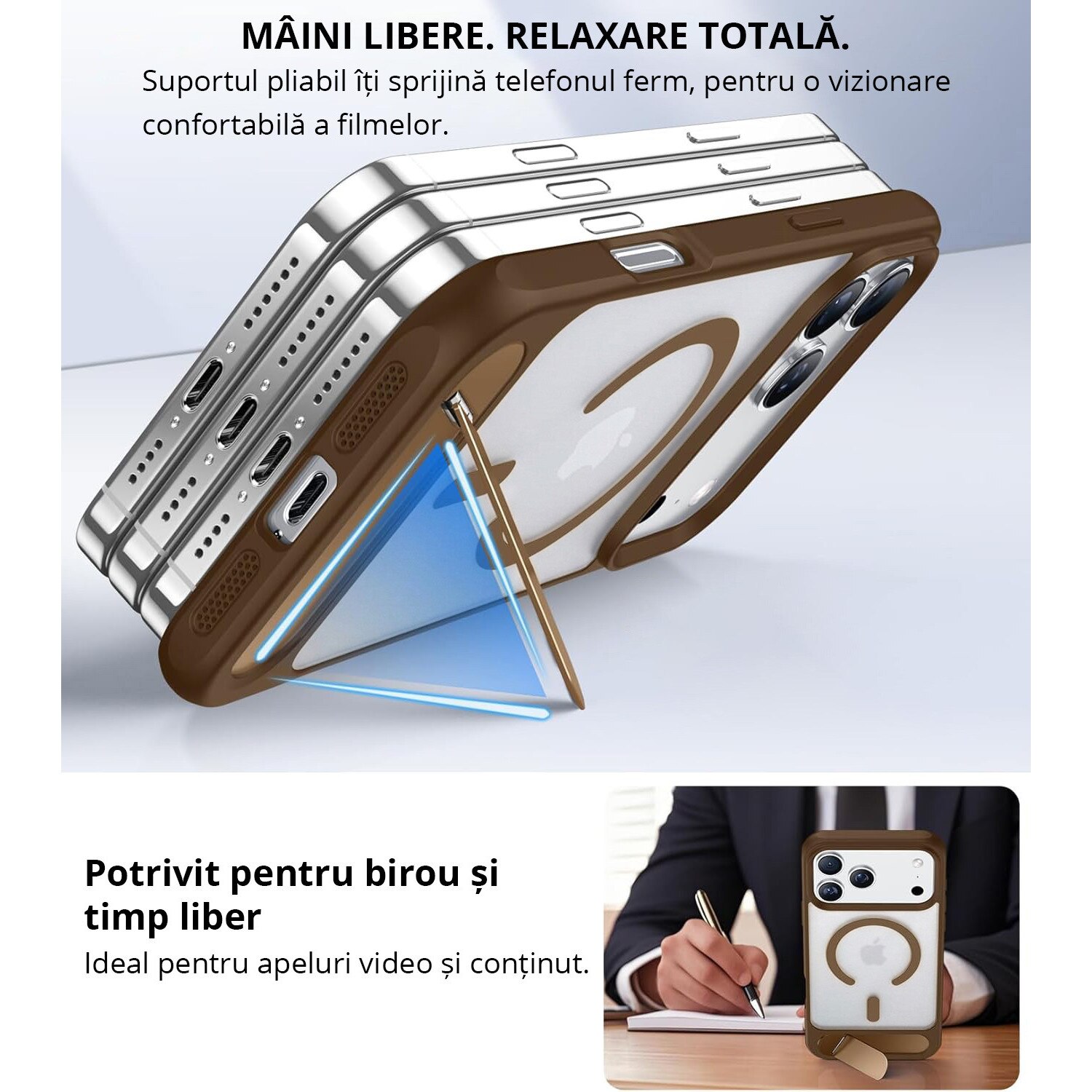 Husa pentru iPhone 17 PRO MAX, MobileSmart, compatibil cu MagSafe, suport ascuns si protectie militara antisoc cu margini ridicate, Maro Mocha