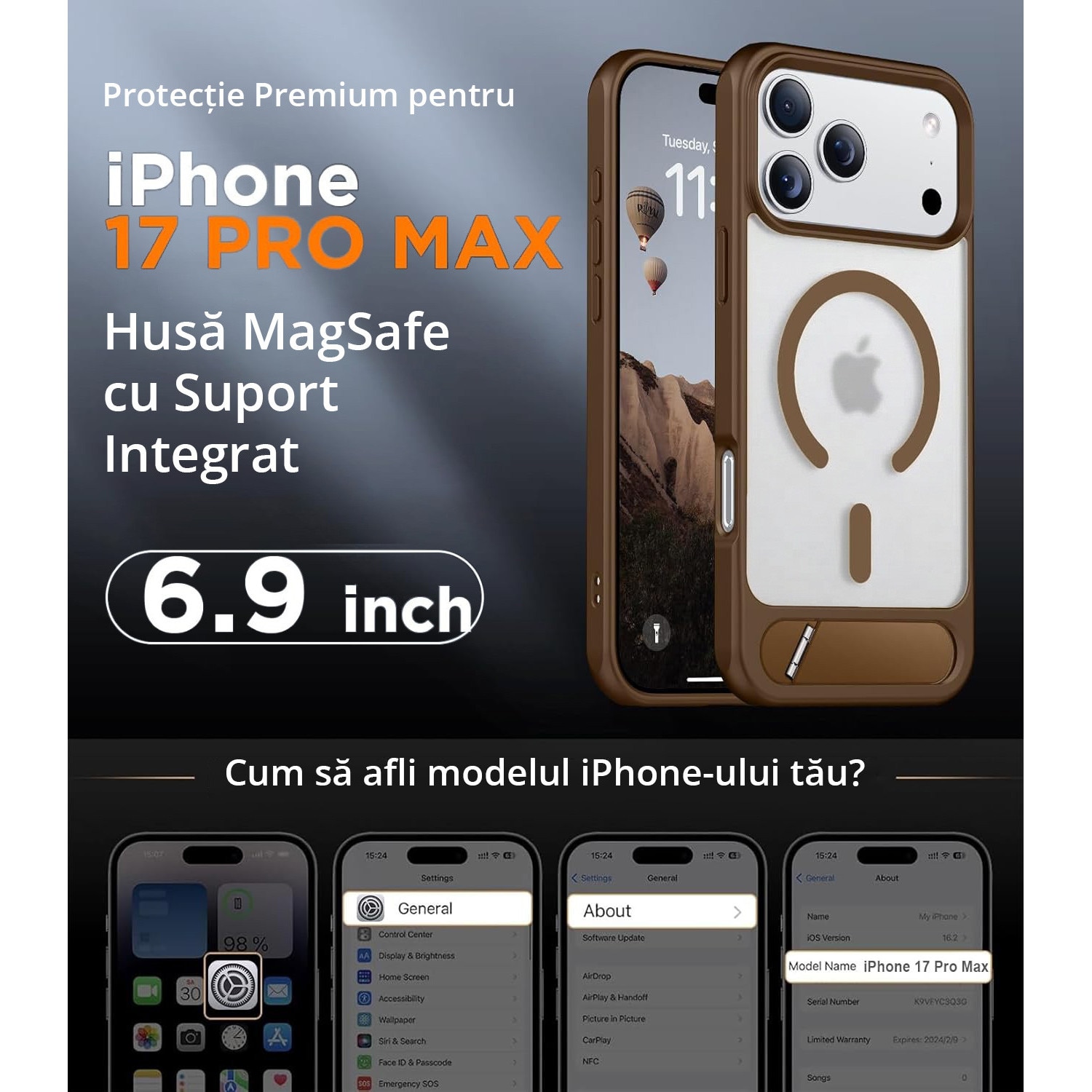 Husa pentru iPhone 17 PRO MAX, MobileSmart, compatibil cu MagSafe, suport ascuns si protectie militara antisoc cu margini ridicate, Maro Mocha