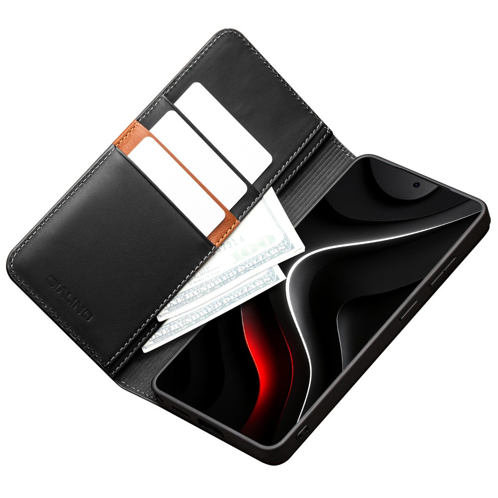Husa pentru Samsung Galaxy S26 Ultra - din piele naturala, tip carte, portofel, stand video, Qialino Business Wallet, Negru - Graphite Black