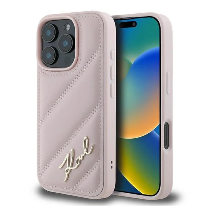 Husa Karl Lagerfeld compatibila cu iPhone 16 Pro Max, Quilted Signature, Roz
