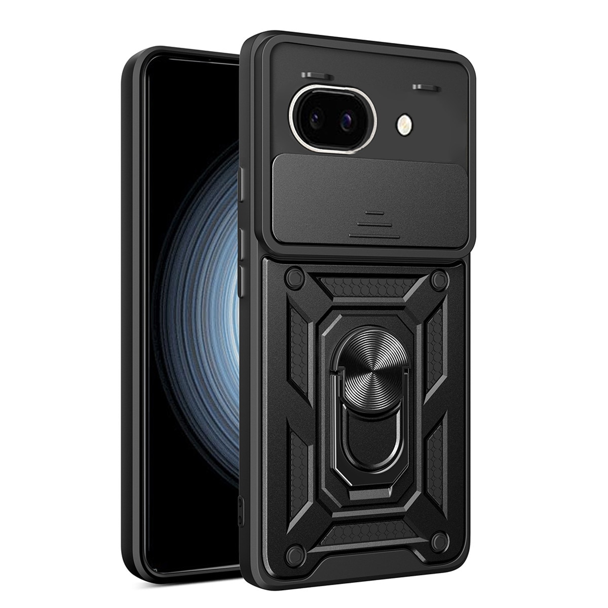Husa telefon, pentru Google Pixel 9a 5G, Capac de obiectiv al camerei glisante, inel rotativ 360°, Negru