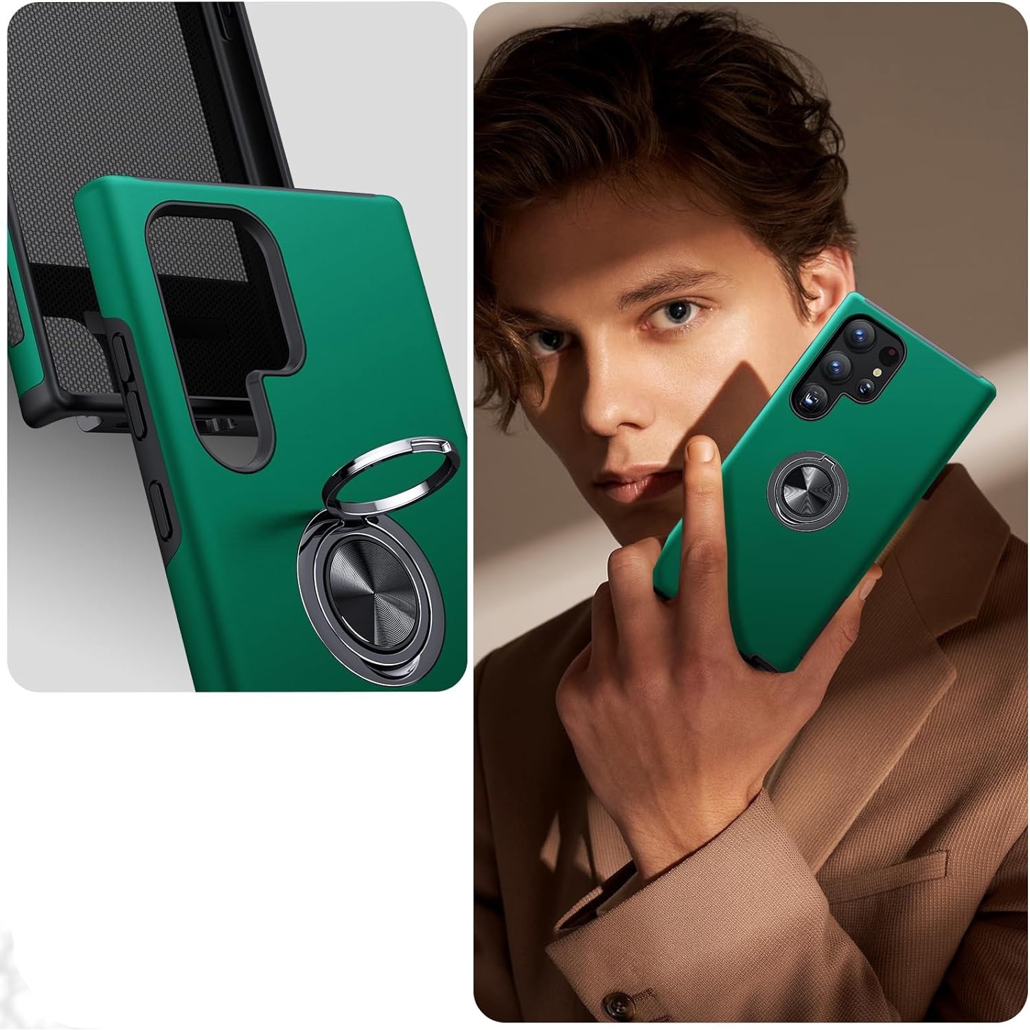 Husa de protectie pentru Samsung Galaxy S24 Ultra, Hybrid Antisoc, Kickstand, Bumper inel rotativ 360, Green