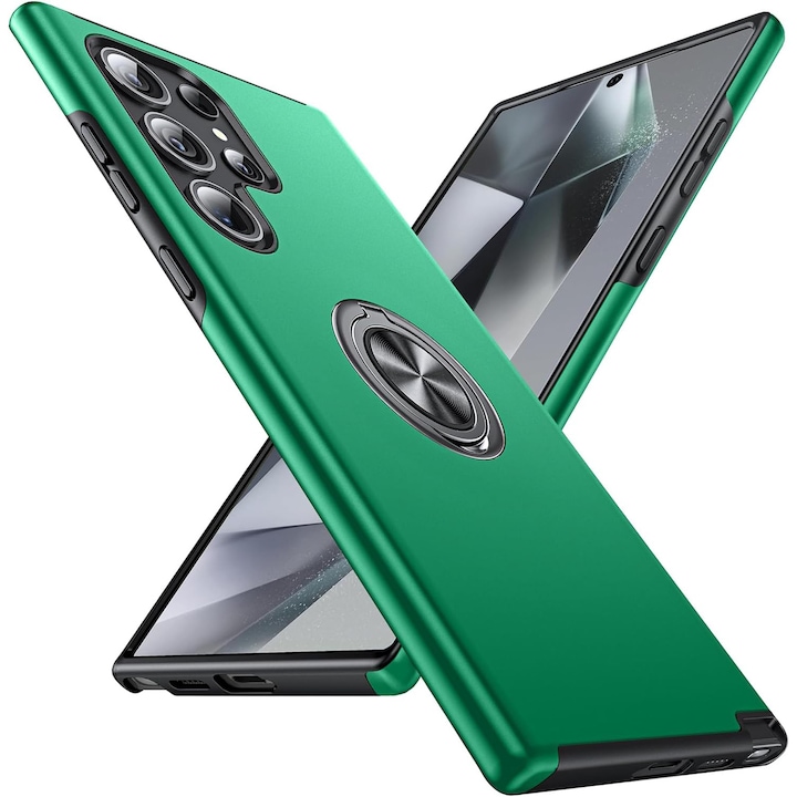 Husa de protectie pentru Samsung Galaxy S24 Ultra, Hybrid Antisoc, Kickstand, Bumper inel rotativ 360, Green