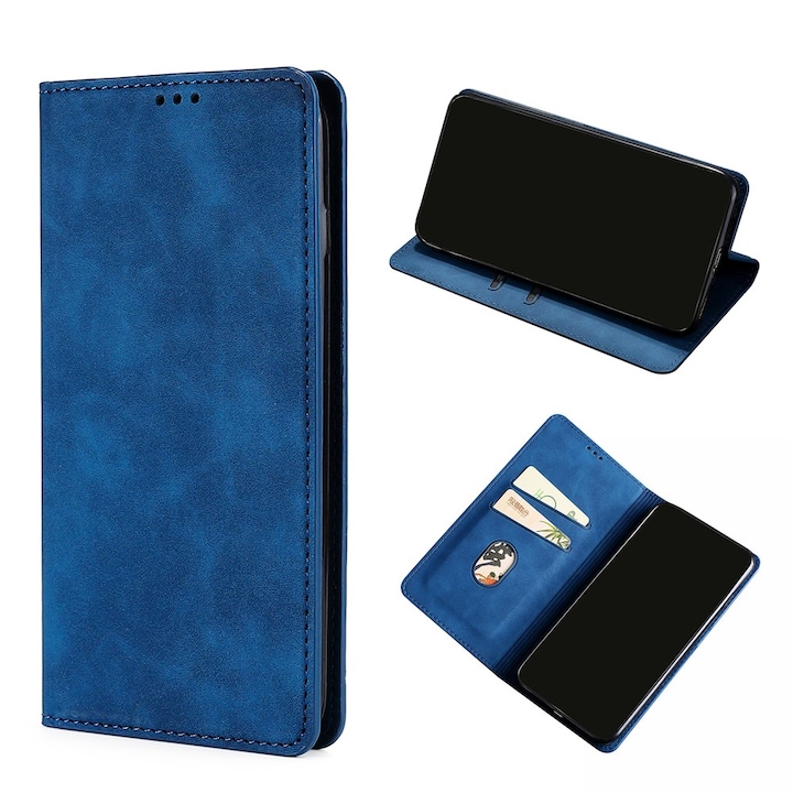 Husa Deluxe compatibila cu Motorola G15 – Tip Carte, Piele Ecologica Albastru, Functie Stand si Protectie 360